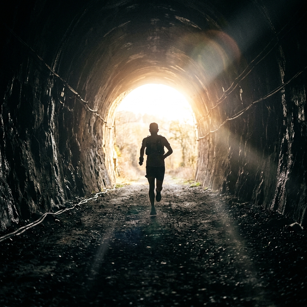 Runner emerging from the iconic Tunnel Hill limestone tunnel at dawn
